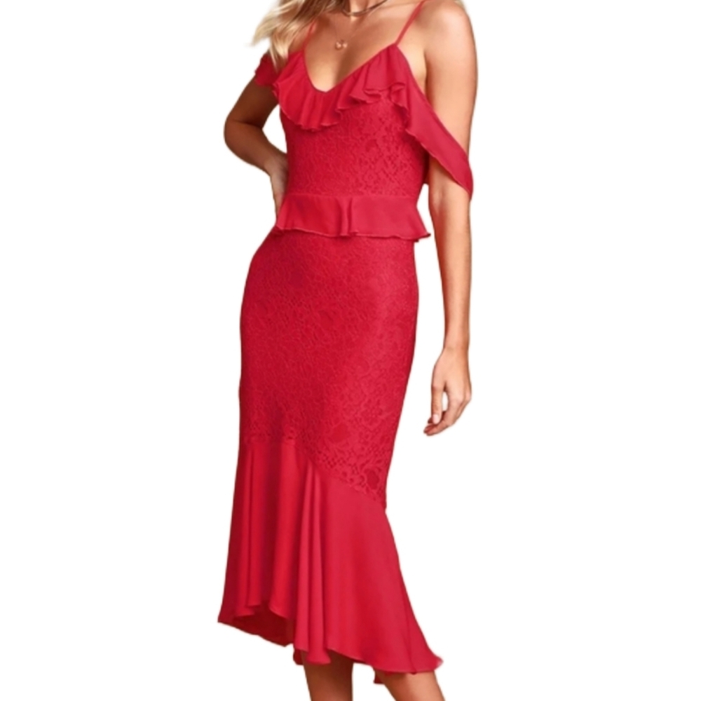 Lulu's Dance of Romance Red Lace Cold-Shoulder Midi Dress ❤️